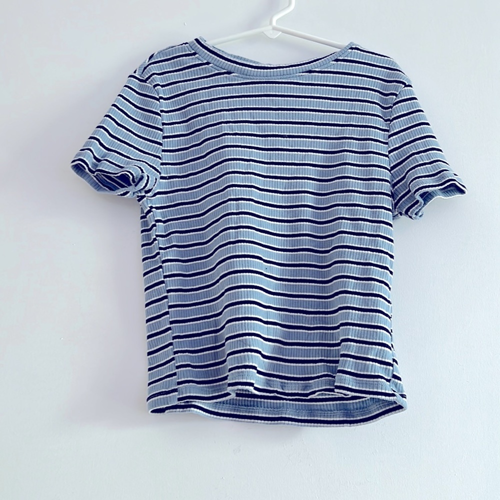 This is a kind of cropped blue and black tee shirt